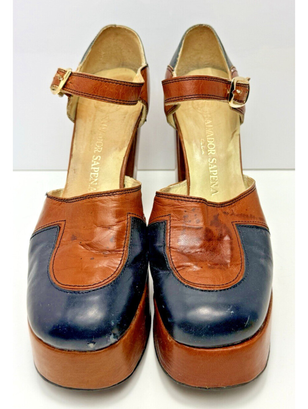 Vtg 70s Platform Leather Tan Blue Block Heel Shoes Women’s Disco Sz 7.5 As Is